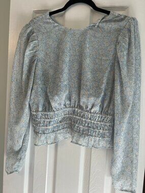 Express Light Blue Floral Smocked Waist Blouse Gold Metallic Puff Sleeve M
